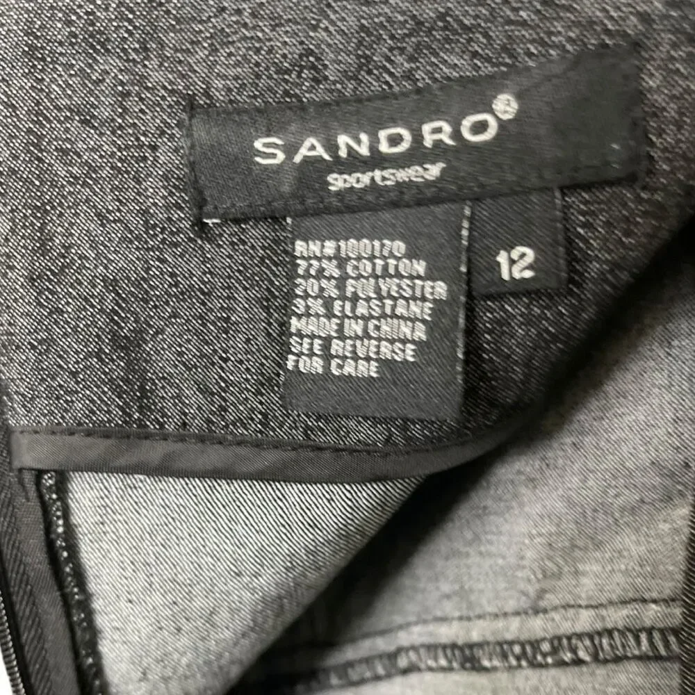 Sandro Sportswear Black Chambray Ruffle Straight Skirt Size 12 Zipper Back